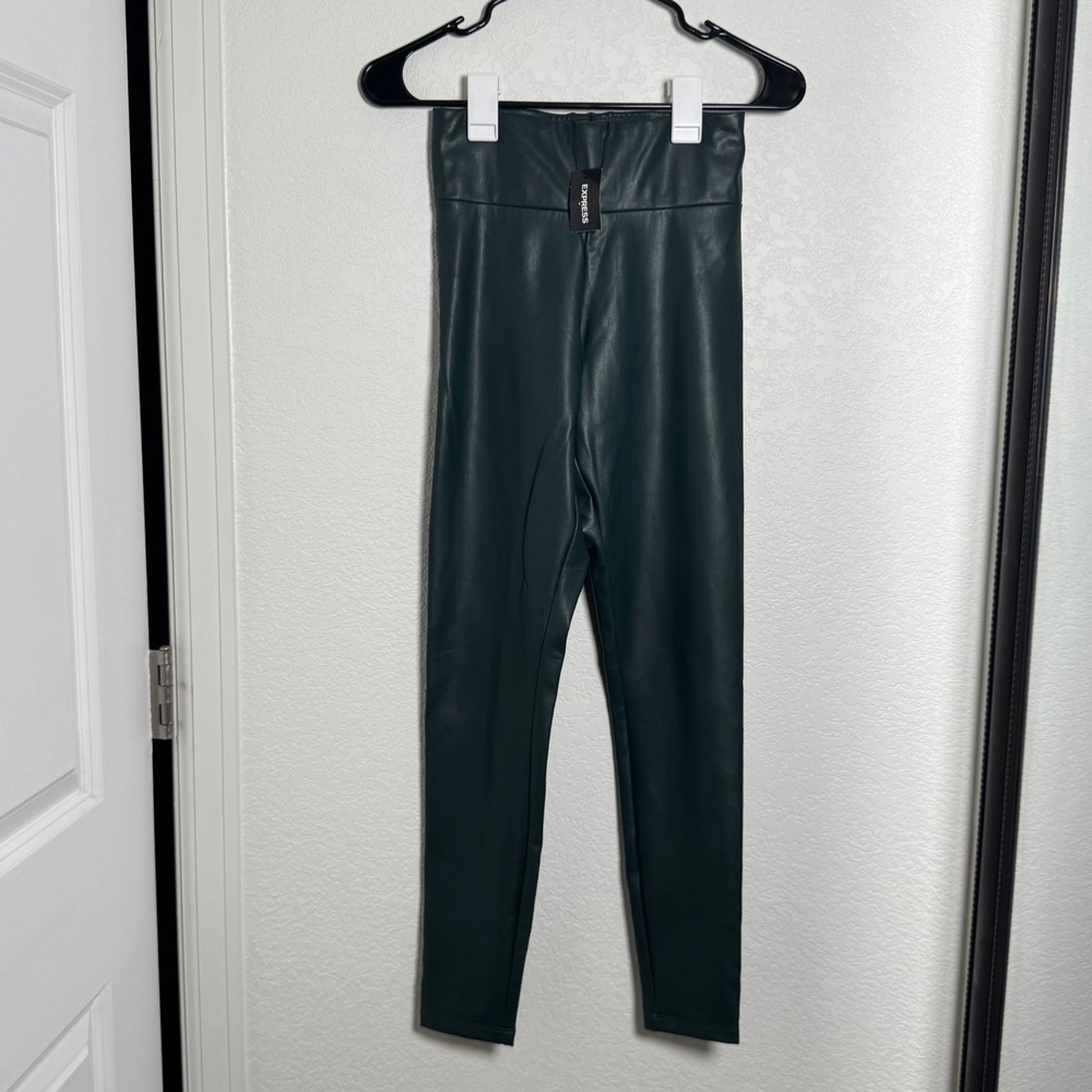 Express Faux Leather Leggings Women XS Green High Rise Skinny NWT